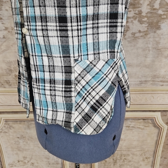 Vintage 1960s Seersucker Blouse Swiss Dot Sheer Blue Teal Black Rockabilly - Picture 6 of 11